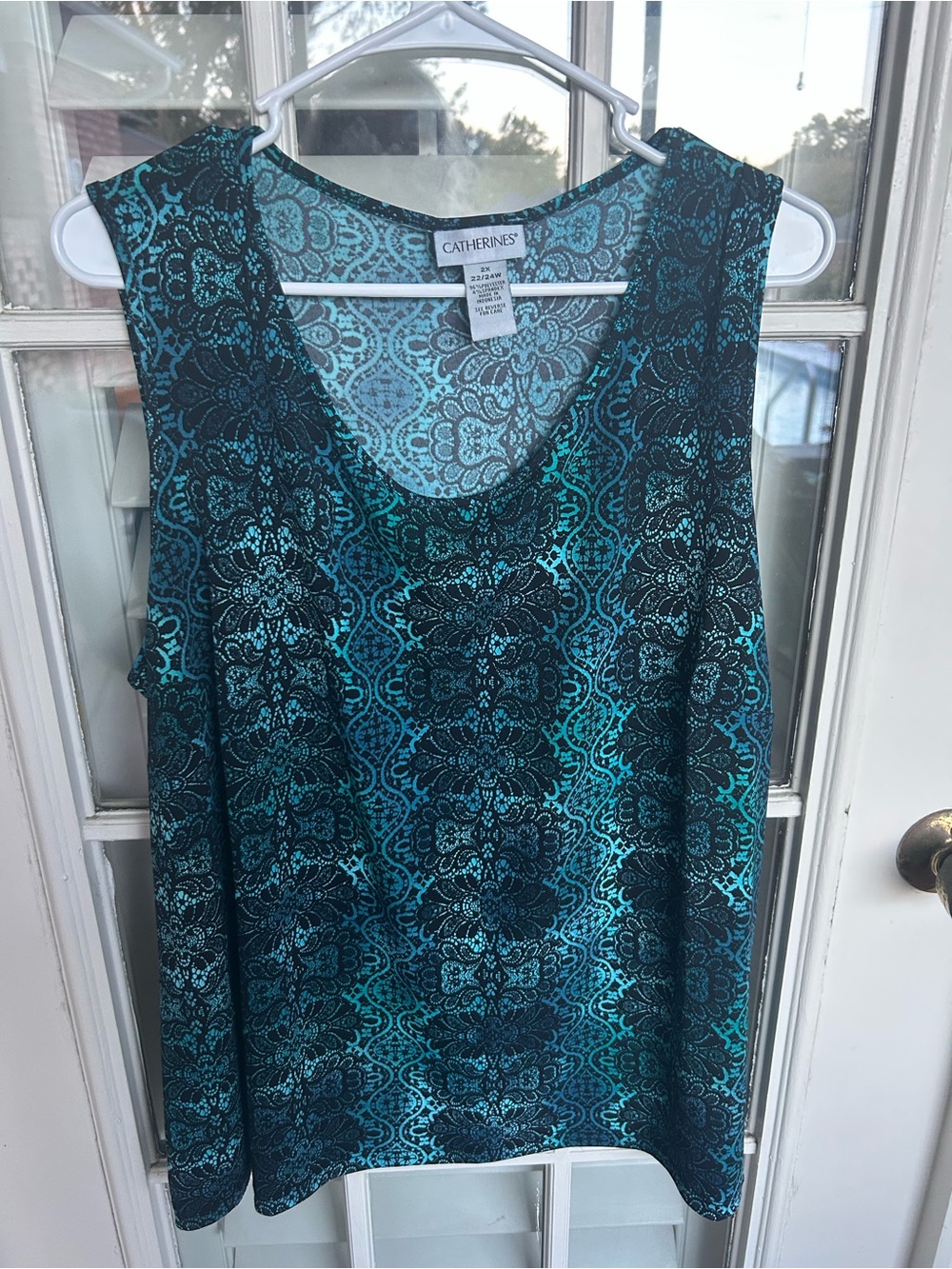 Catherines Teal and Black Lace-Pattern Scoop Neck Tank